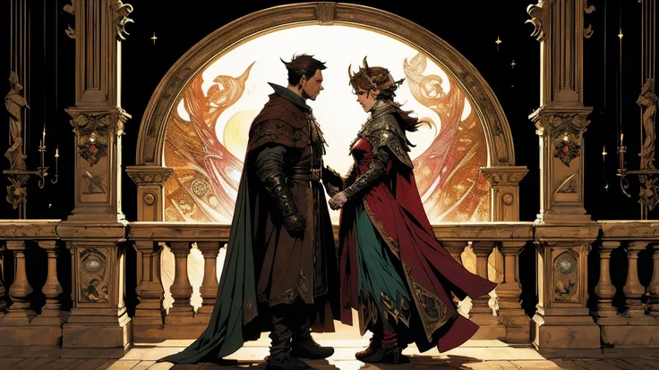 (Arte de Alfons Mucha & Zack Snyder) A side view of a couple gazing into each others eyes, the man with short horns, short hair and demon wings have medieval clothes of a court, the woman as an elf with long brown hair, they are at a balcony under a gothic...