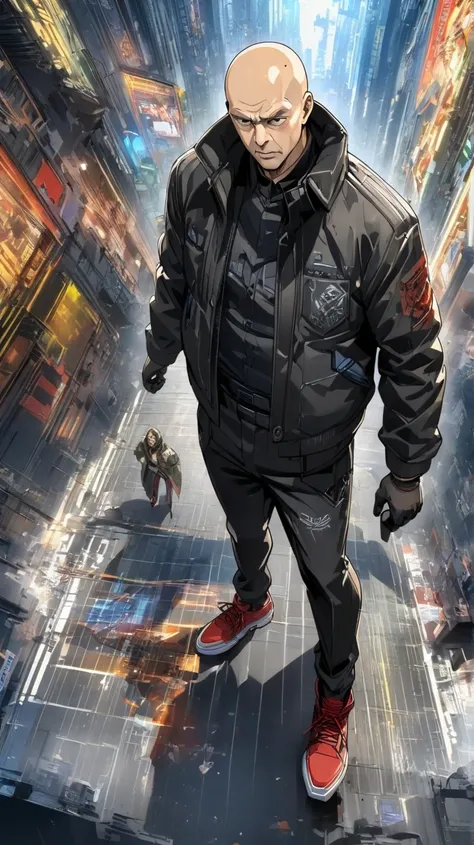  Anime, bald man,  dressed in cyberpunk style jacket com o nome “Grise” escrito, black pants , red sneakers ,taco de baisebol nas costas, full body ,  movie perspective .