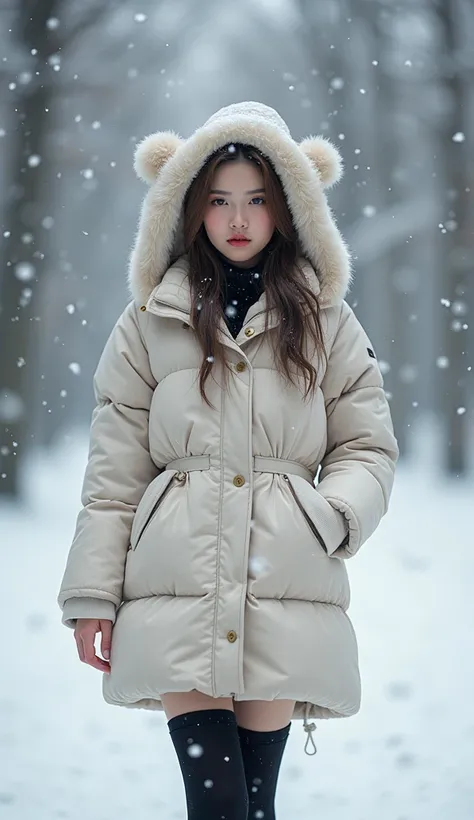 Heavy snow in the twenty-four solar terms；Solar terms poster；snow；snowflake；cold；elegant；Beautiful environment ；Snow falls on the earth； wearing a cute padded suit；Girl with earmuffs ；Wearing a short skirt； black stockings ；Big breasts