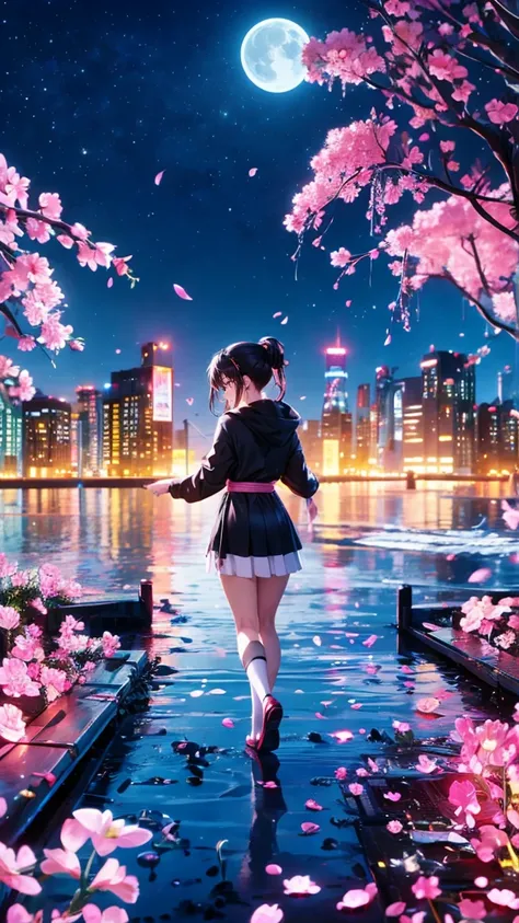  1 girl 、Beauty、Stand to the left of the angle of view、 long hair up to waist 、Pink and black hair、 night view、Japan、City、Beautyファンアート ,  black hoodie 、 long white skirt 、 anime style,  Realistic Anime 3D Style  ,、 back view、((turn around))、 put your hands...