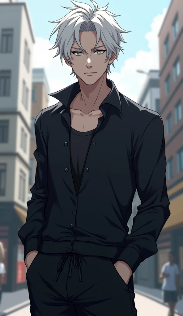 Boy,  white hair, silver eyes, strong body,  serious , black button down blouse open with dark blouse underneath, sweatpants black, [[[ high quality ]]][[[tall details ]]] Ultra HD,  high resolution,  anime style , in the city, messy hair, parted hair 