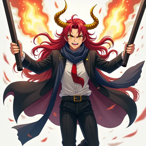 ( anatomy)  young anime man with long intense red hair , yellow eyes and golden horns ,a dark blue scarf ,red tie,tuxedo in black robe ,Black pants with belt, by dropping heavy wrist straps to the floor that destroy the floor, and then smash his neck ,to r...