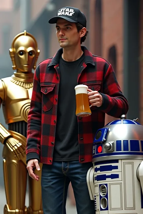 63 medium build male with short black hair wearing a Star Wars hat with black T-shirt and red and black flannel jacket with jeans standing next to C3P0 holding a mug of Beer and R2D2 