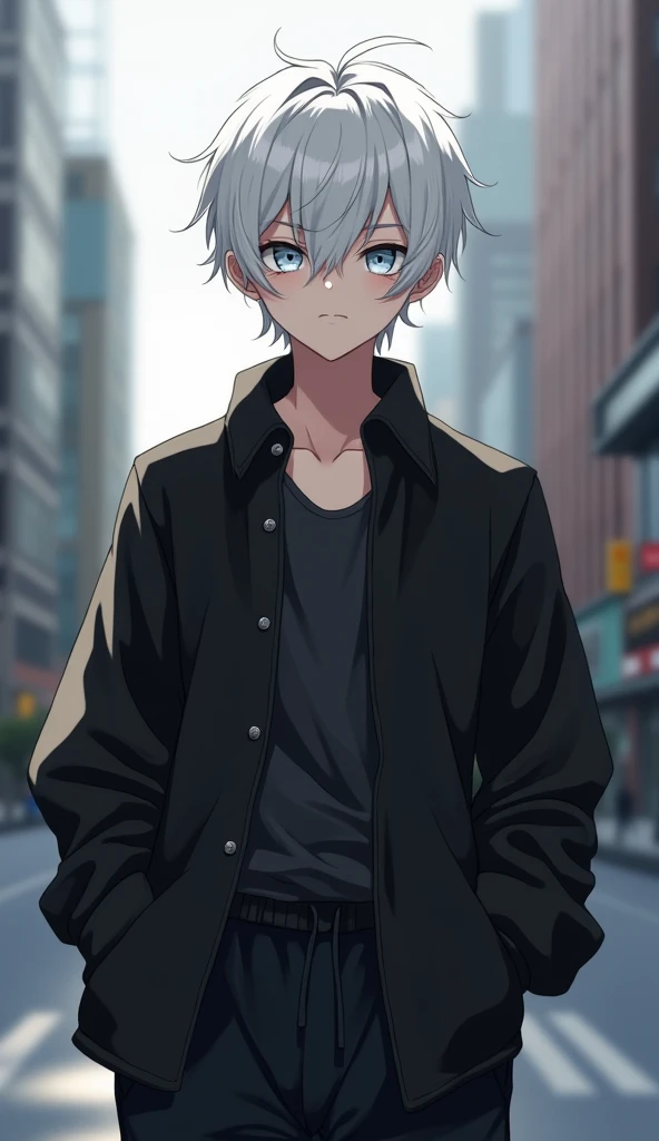 Boy,  white hair, silver eyes, strong body,  serious , black button down blouse open with dark blouse underneath, sweatpants black, [[[ high quality ]]][[[tall details ]]] Ultra HD,  high resolution,  anime style , in the city, messy hair, parted hair 