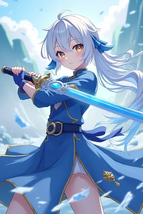 Make an genshin character with cryo vision, white loose long  hair with blue ends, in a blue costume that is not showing too much , wielding a sword. In a genshin style