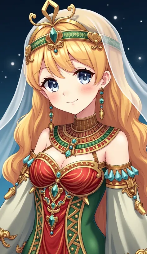 A Japanese anime-style illustration depicts a beautiful young girl with long golden curly hair and gray-blue eyes. She is dressed in an exquisite outfit inspired by ancient Egyptian fashion,featuring a colorful,intricately designed gown adorned with red,gr...