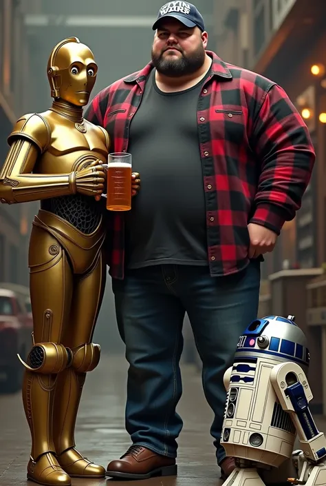 63 Big build male with short black hair wearing a Star Wars hat with black T-shirt and red and black flannel jacket with jeans standing next to C3P0 holding a mug of Beer and R2D2 