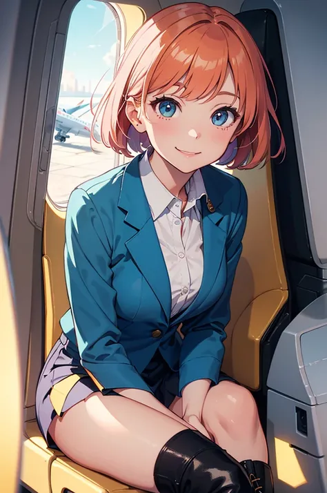 masterpiece,best quality,ultra detailed,8K,super fine illustration,highly detailed beautiful face and eyes,perfect anatomy,professional lighting,1 flight attendant,(solo:1.3), microskirt and boots uniform,orange and pink dress,smile,airplane interior,dynam...