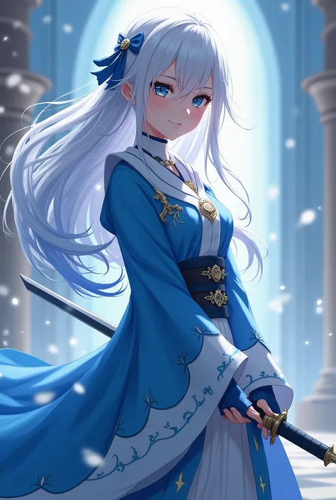 Make an genshin character (young adult girl)with cryo vision, white loose long  hair with blue ends, in a blue costume that is not showing too much , wielding a sword. In a genshin art style from game