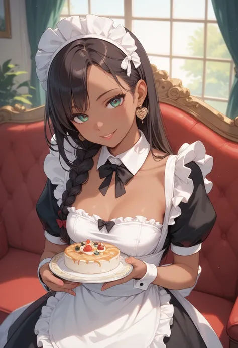 masterpiece, best quality, score_9, score_8_up, girl, petite, dark skin, seductive smile, maid,