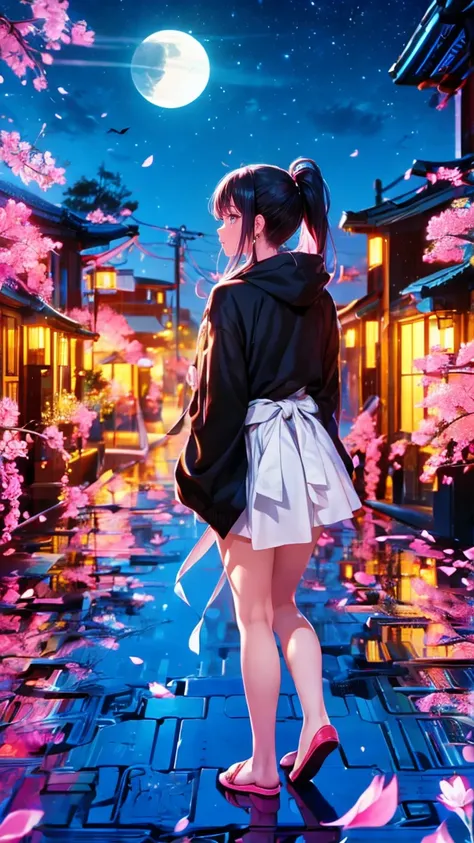  1 girl 、Beauty、Stand to the left of the angle of view、 long hair up to waist 、Pink and black hair、 night view、Japan、City、Beautyファンアート ,  black hoodie 、 long white skirt 、 anime style,  Realistic Anime 3D Style  ,、 back view、((turn around))、 put your hands...