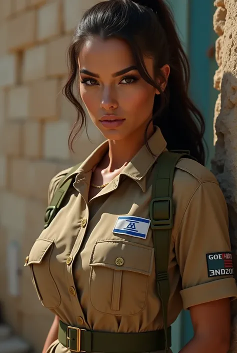 a sexy beautiful female soldier, israeli girl, wearing a sexy soldiers uniform, sand grey color, battlefield background, sexy pose, very detailed, very accurate, 4k quality, beautiful lighting, bokeh, busty, big breasts, large boobs, cleavage, thin and sli...