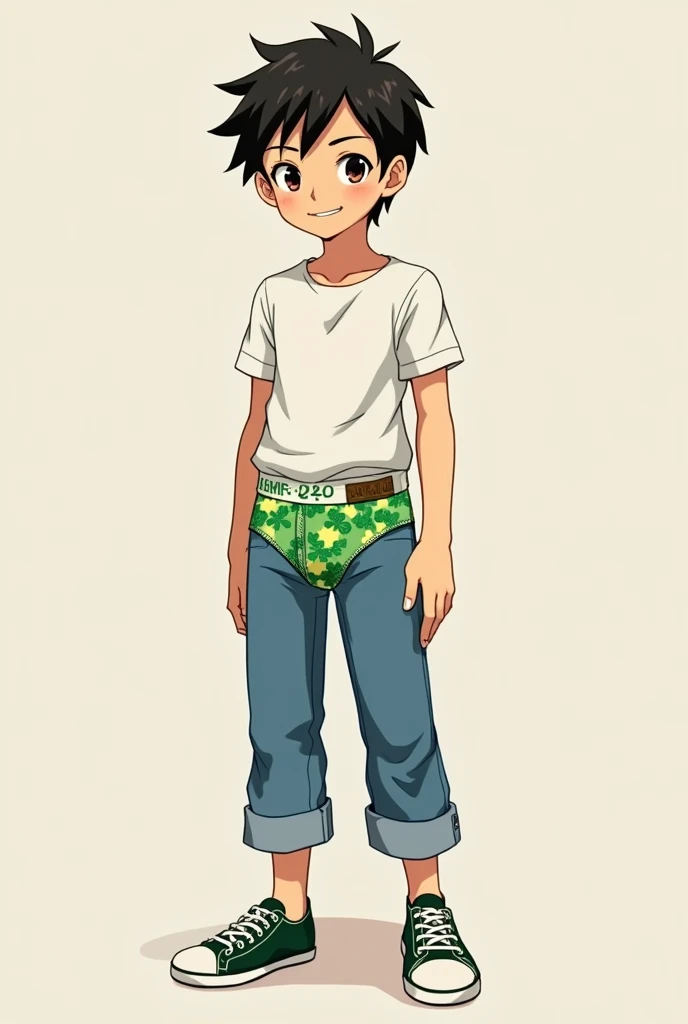 Anime style boy whose boxer shorts with a clover print come out of his pants over his classic boxer shorts 
Around the waist of his pants and above his shirt he wears jeans and a shirt
Blue with clover pattern 