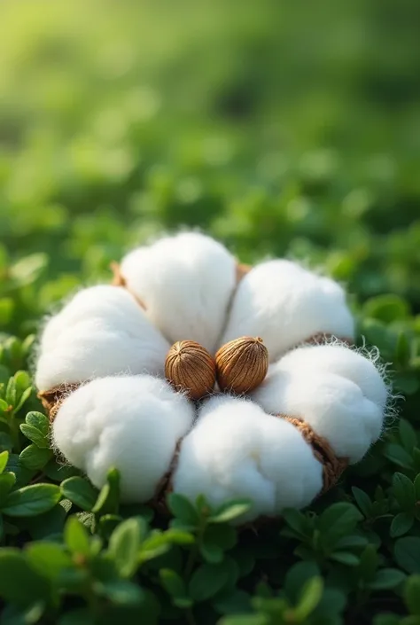 Create a highly photorealistic image featuring a cotton pad (cosmetic disc) on which two flower seeds are placed. The cotton pad should be carefully positioned on a base of green grass or green leaves. Pay attention to textures and details to create a real...