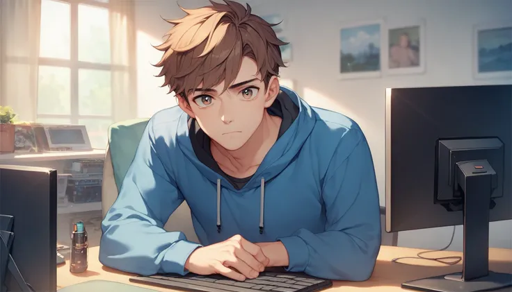 (masterpiece:1.3), (best quality:1.3), (very detailed), (anime style:0.1), game cg, anime coloring, ((Alone)), (1 man),blue hoodie,brown short hair,  troubled expression,Operating a computer,japanese,  looking at viewer,