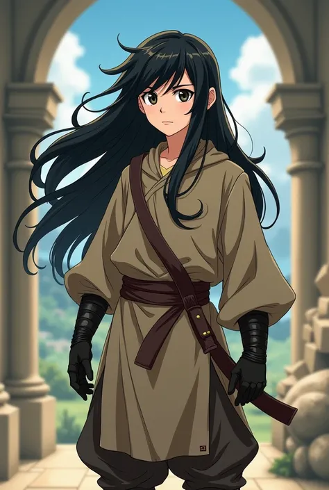 Anime Pre teen Boy With Long flowing Black Hair, Wearing a Baggy Long-Sleeved Medieval Tunic, With Black Leather Gloves, and Long Baggy Pants with Boots