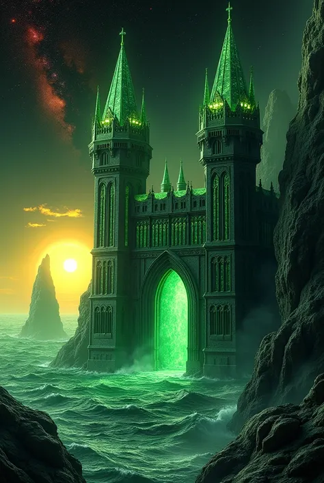  A Gothic castle ,  with side arches ,  a large tower on the right ,  a taller tower with a beacon of fire on the left,  large and tall doors in pointed arches ,  all made of emeralds and transparent rubies ,  in the background a choppy ocean of mercury , ...