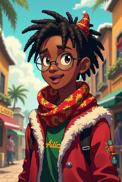 An African  anime man wearing Christmas Clothes and has round glasses and the hair is dreadlocks 