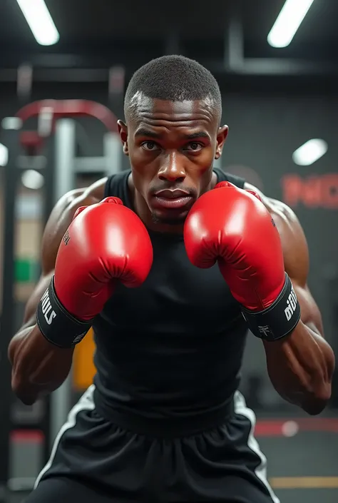  A Young Black Man, cheveux courts, without beard, at the gym, Boxing , en jogging , beau et dynamique