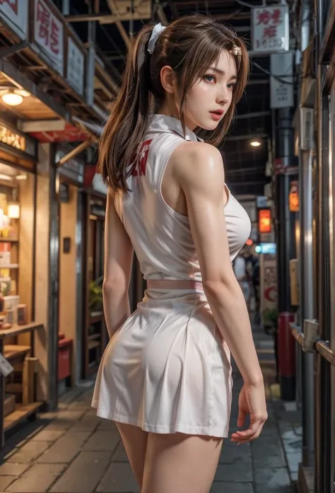 Mai Shiranui, (best qualityer,ultra details),(realistic:1.37),  beautiful and detailed face , ultra-realistic texture, exquisite face ,  athletic body,  bright colors.  high definition, 8k,   wearing red lipstick  , Rosy Cheeks. expression with a sexy look