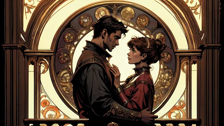 (Arte de Alfons Mucha & Zack Snyder) A side view of a couple gazing into each others eyes, the man with short horns, short hair and demon wings have medieval clothes of a court, the woman as an elf with long brown hair, they are at a balcony under a gothic...