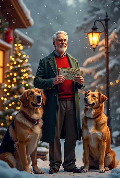 Man with money and two dogs at Christmas