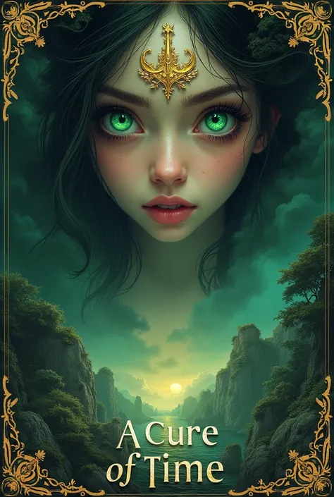 Generate the cover of a book as a home name called A Cure of Time,   striking green eyes