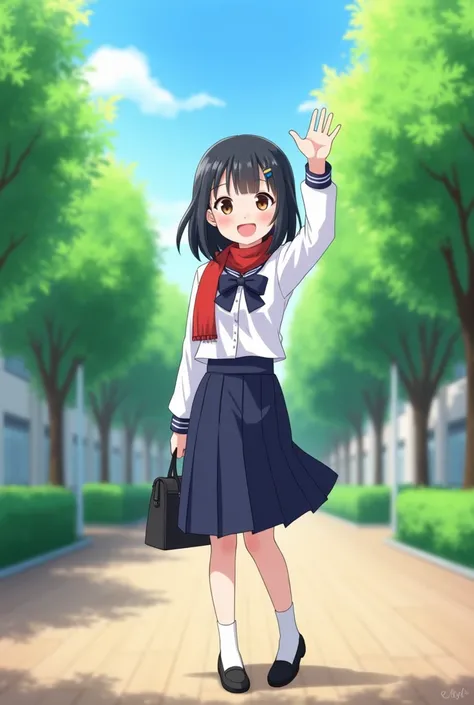 "A cheerful high school girl named Nhi, standing in a sunny schoolyard surrounded by green trees. She has straight shoulder-length black hair with a cute hairpin, wearing a white uniform shirt with a navy blue bow and a traditional red scarf. Her navy blue...