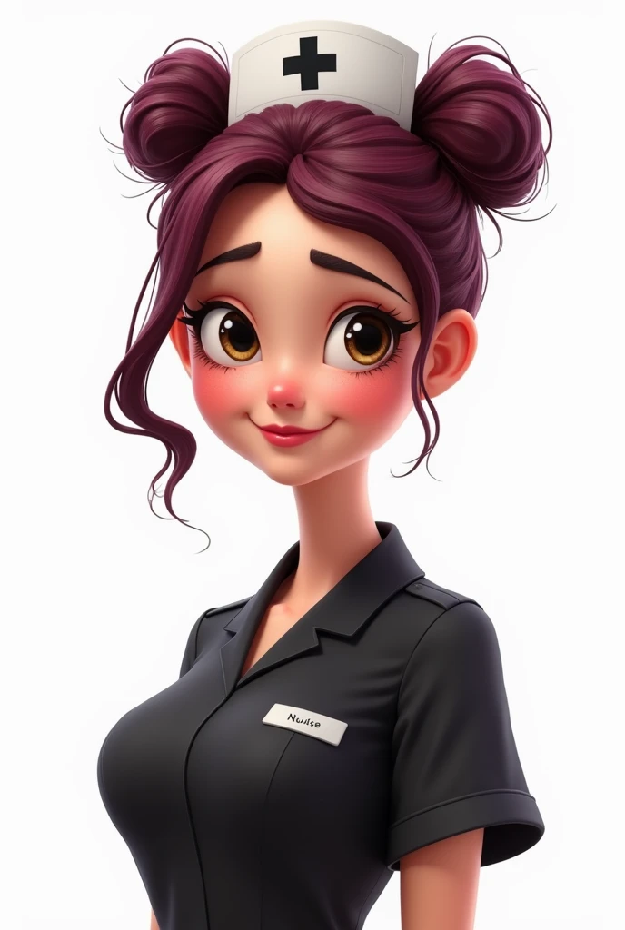  Disney nurse with hair tied in a wine-colored onion, surgical black and dark brown eyes ,  with white background
