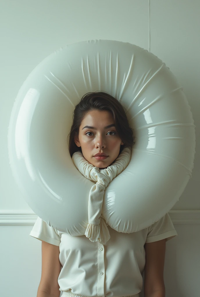 Woman using inflatable collar that engulfed her neck and the collar is tied on wall
