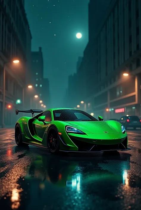 Green porsh car in dark and nighttime setting 