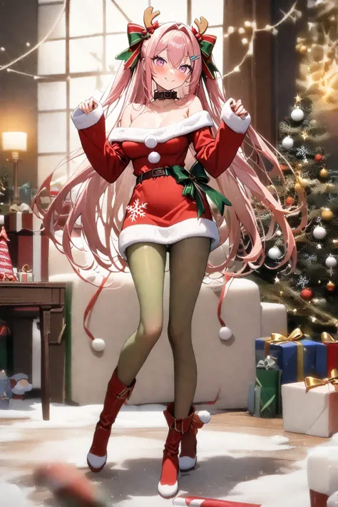 1girl, solo, long hair, breasts, (very long legs):1.4, ((very tall):1.4), (Christmas costume), (walking atviewer with crossed steps pose):1.3, ((masterpiece)), (best quality), (very aesthetic), (absurdres), blush, happy face, smile, :), bangs, hair ornamen...