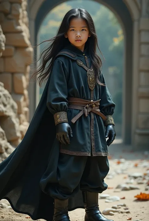 Live Action Pre teen Asian Boy With Long flowing Black Hair, Wearing a Baggy Long-Sleeved Medieval Tunic, With Black Leather Gloves, and Long Baggy Pants with Boots