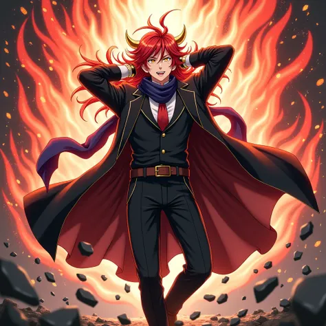 ( anatomy)  young anime man with long intense red hair , yellow eyes and golden horns ,a dark blue scarf ,red tie,tuxedo in black robe ,Black pants with belt, by dropping heavy wrist straps to the floor that destroy the floor, and then smash his neck ,to r...