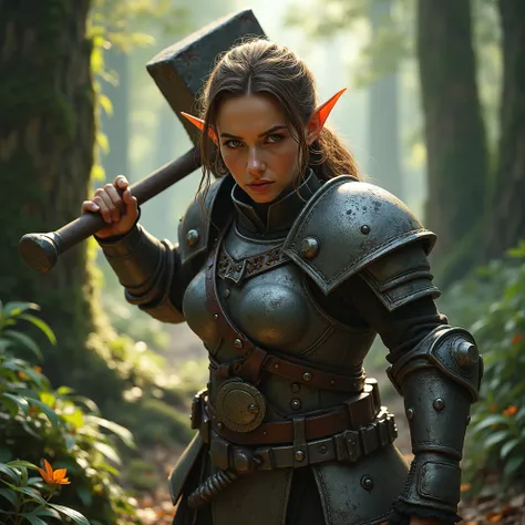 Dwarf short woman with small, pointed ears, wearing iron armor, and an iron helmet dwarf , with a sledgehammer , in a dense forest, close up photo, realistic