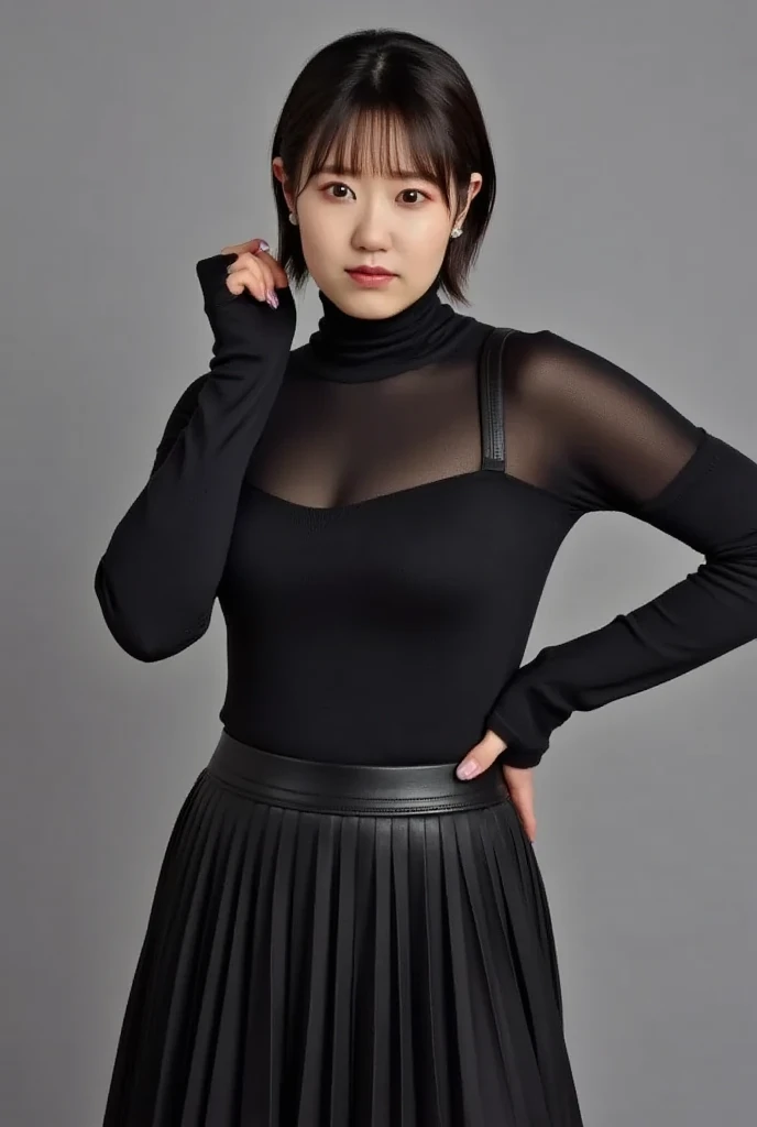 8k, RAW Photo, Best Quality, Masterpiece:1.2),(Realistic, photo-realistic:1.37), Super Detail, Wearing black pantyhose,She is wearing tight thin fitting transparent black long sleeve turtleneck, no skirts, transparent, cinematic lighting, sexy pose, monoto...