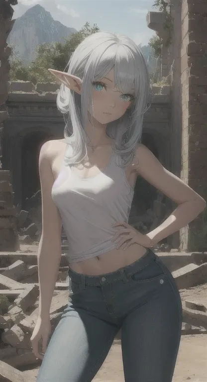 Ruins, elf girl, bright teal eyes, silver hair, tank top, jeans, archaeologist attire,