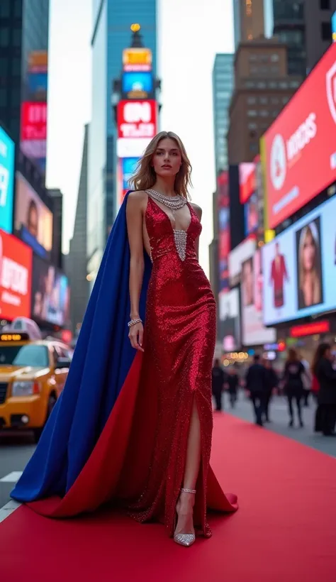 Set in the iconic Times Square, New York City, a fashion runway with towering LED screens flashing vibrant colors and advertisements surrounds the scene. The model wears a glamorous red sequined gown with a long train and a bold blue cape, representing the...