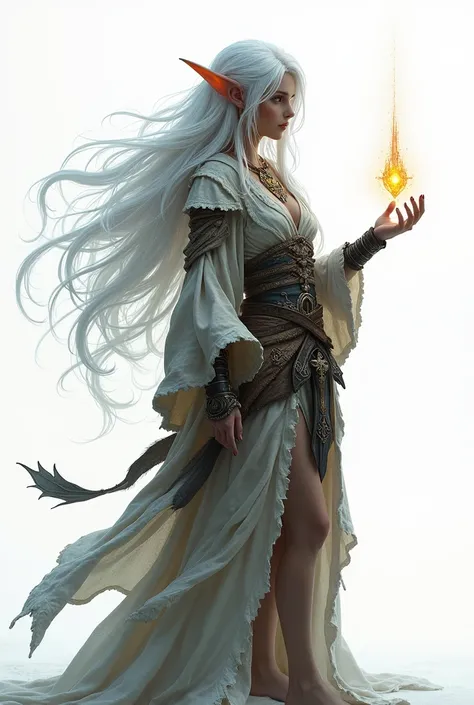 Little sorceress elf with white hair full body wearing warrior clothes taking a gemstone with her hand on a white background