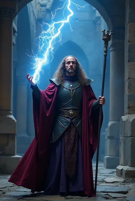 A shaved man wearing a purple dress with a gold pattern throwing a fireball, He is in a dungeonMerlin the powerful wizard, with a and very long wavy brown hair, stands in a mystical setting wearing dark, leather-like armor and a flowing red robe. He holds ...