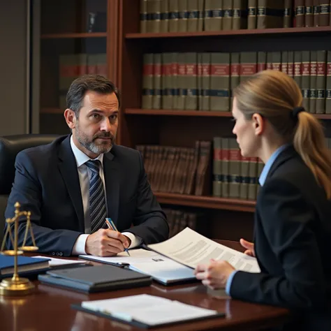 A professional law office setting with a lawyer in formal attire, attentively listening to a client who is sitting across the desk, explaining their legal case. The client, visibly concerned, holds legal papers in their hands, while the lawyer, with a calm...