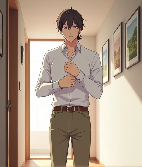  A 38-year-old anime man with white skin , anime To love ru,   soft lighting ,  standing in the corridor with a comfortable small brown color on the side ,  in a white house with wooden floors and landscape paintings hanging on the wall in one day . He is ...