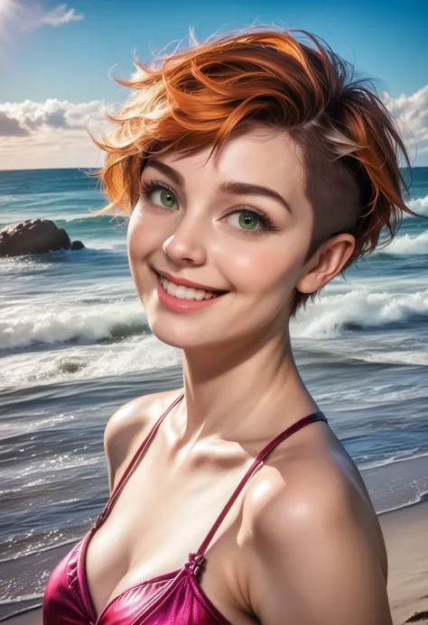 1girl, orange short hair, pixie cut, green eyes, smiling, at the beach, (best quality,4k,8k,highres,masterpiece:1.2),ultra-detailed,(realistic,photorealistic,photo-realistic:1.37),vibrant colors,natural lighting,serene ocean backdrop,soft sand,gentle waves...