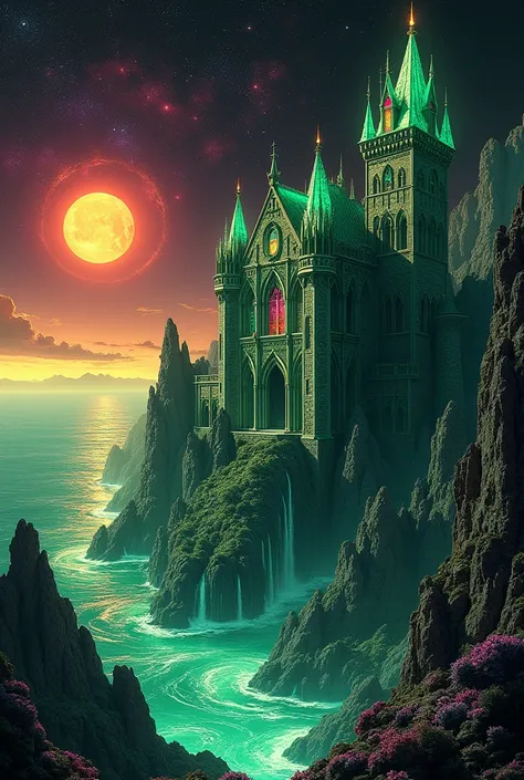  A Gothic castle ,  with side arches , a large tower on its right side ,  a taller tower with a powerful acetylene fire beacon on the left,  large and tall doors in pointed arches ,  all made of emeralds and transparent rubies ,  in the background a choppy...