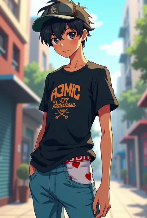 Anime boy sagging skater his bóxer shorts white with hearts red in his jeans blue and black T shirt with logo anime