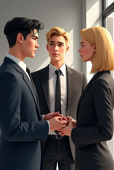  a white man with black hair talking to a white man with blonde hair and a white woman with blonde hair, all in formal clothes . All young people