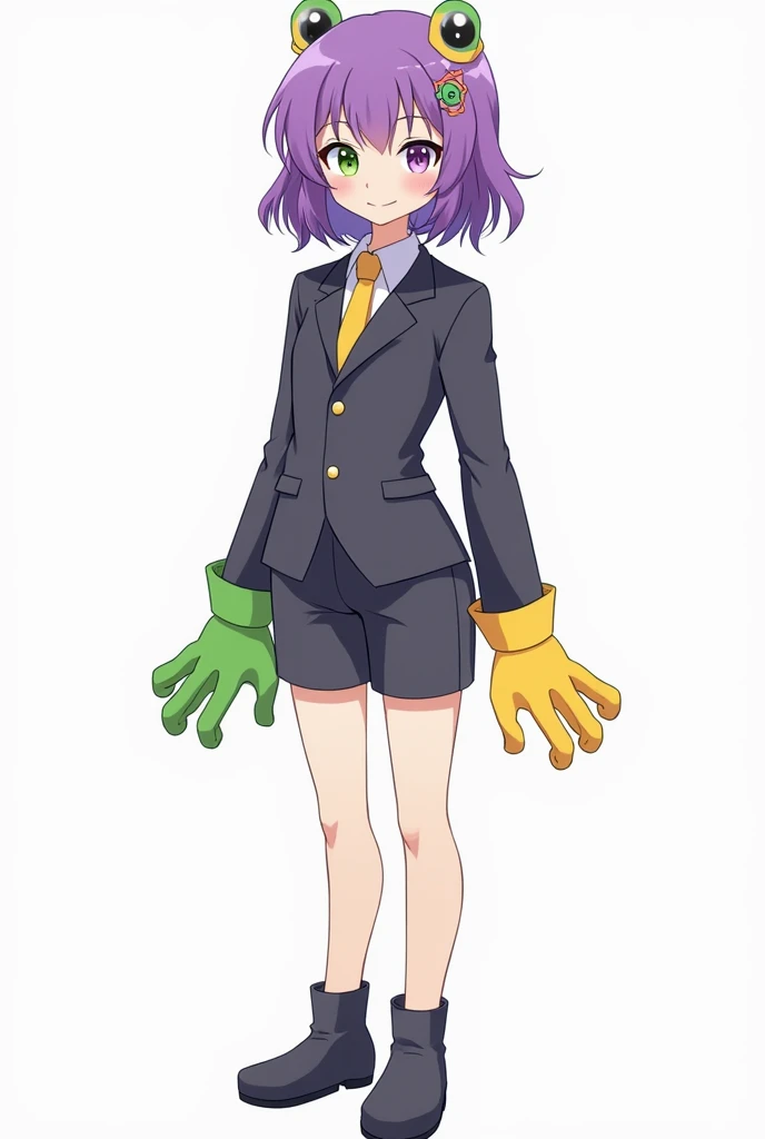 1 girl,Alone, Short Hair, PNG background, Anime style,Full body, Frog Hands green and yellow, left eye green, right eye purple, purple hair with green details, cool suit,black shorts, smirking, flat design, 2D design, minimal shading, illustration cool, su...