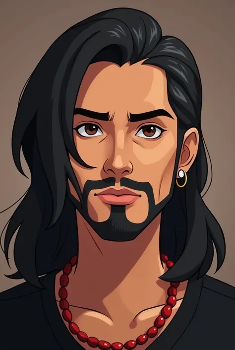 26 years old man, with long black hair, brown eyes, looking at the camera, animated vtuber format, serious look, kind, light brown, one earring, Bolivian face, from the waist up, with black shirt, red pearl necklace, singing style beard, 