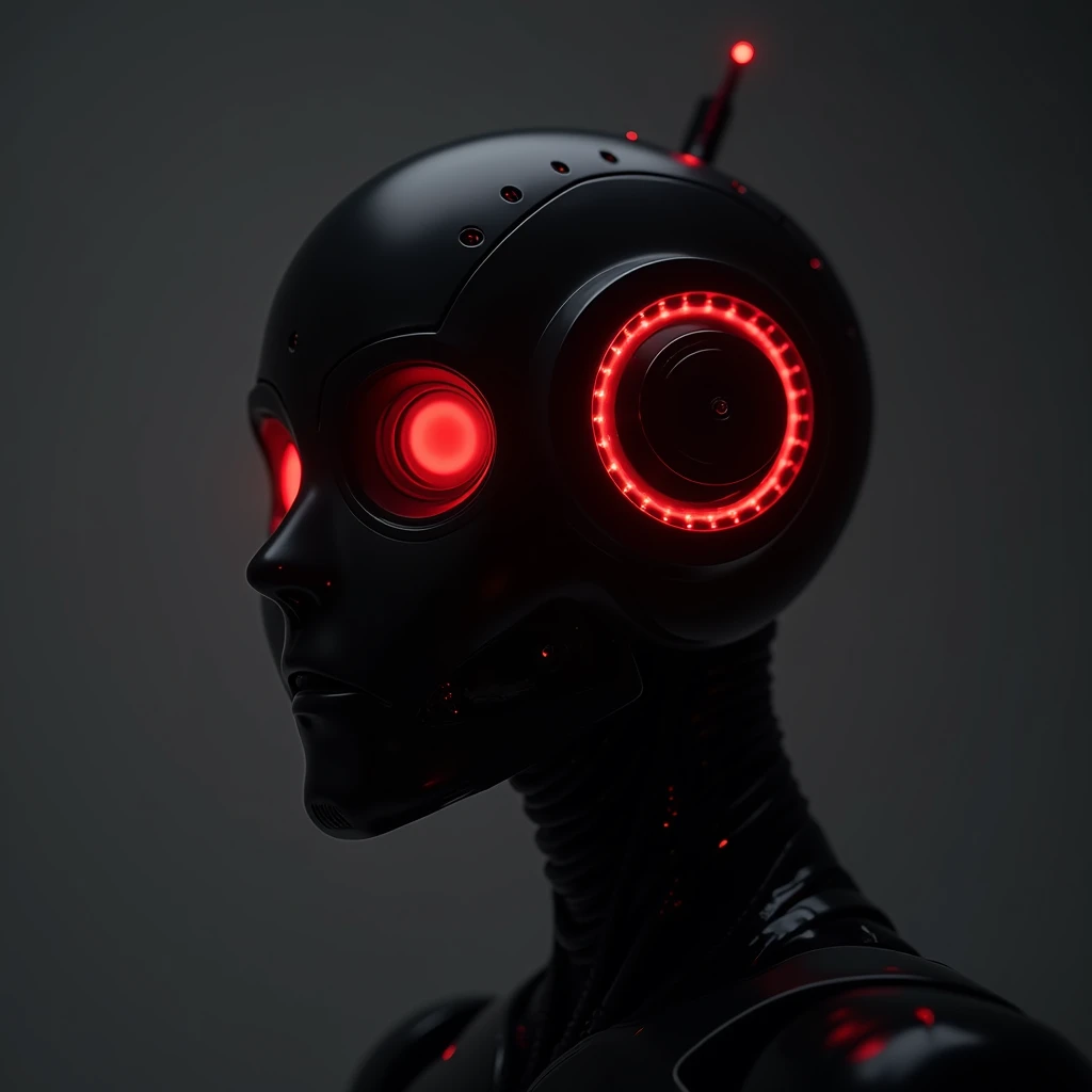 transparent background , logo design, simple, black Roboter head, red lights, transcendence, singularity  