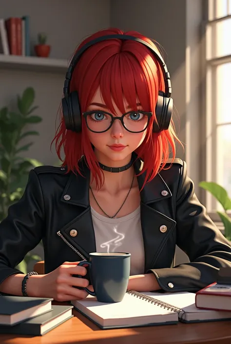   red-haired student ,  black leather jacket, large Bluetooth earphones with black, table with book and notebook , notebook,  she has a coffee mug coming out smoke in her hand 